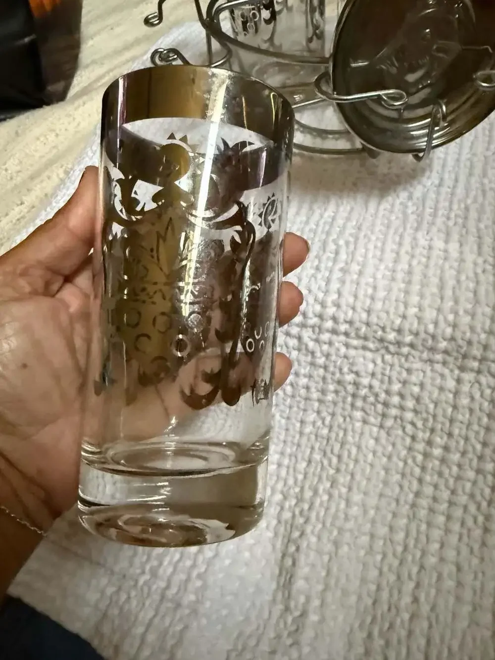 Set of 4 Vtg MCM Barware Silver Knight Crest Highball Glasses by Kimiko w/Caddy